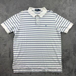 VTG Polo Ralph Lauren Shirt Men 2XL White Blue Stripe Short Sleeve Nautical Prep